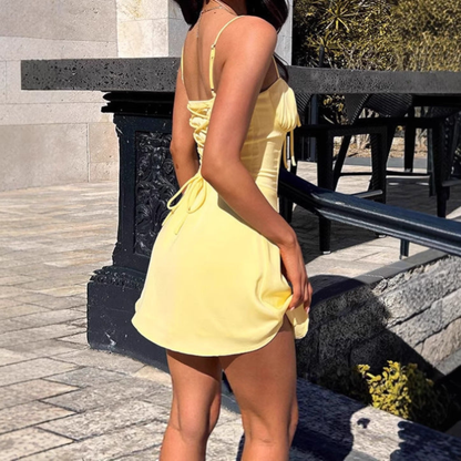 Melanie | Women Sun Mini Dress Sweetheart Neck Spaghetti Straps Front Tie