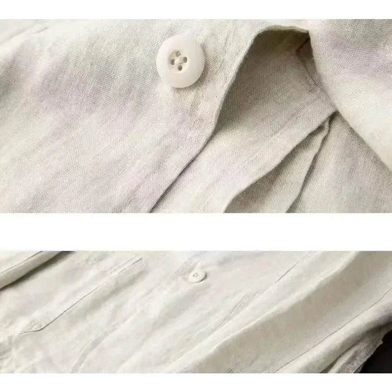 Chemise en lin beige avec bouton blanc, texture douce et légère, mode élégante et décontractée, vêtement tendance pour homme ou femme.