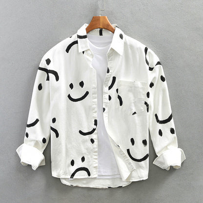 Cotton Long Sleeve Shirt with Smiley Pattern