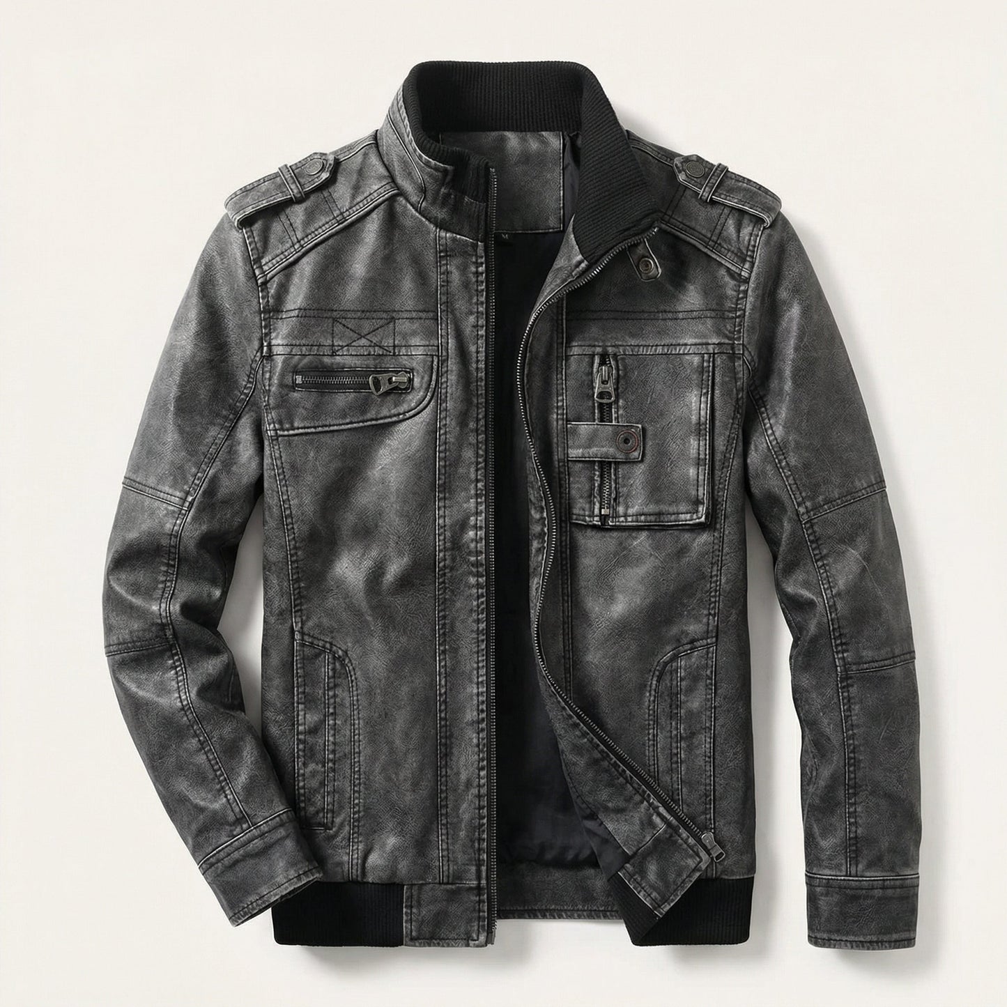 Men’s Biker Jacket – Zip Front, Stand Collar, Multi-Pocket Design