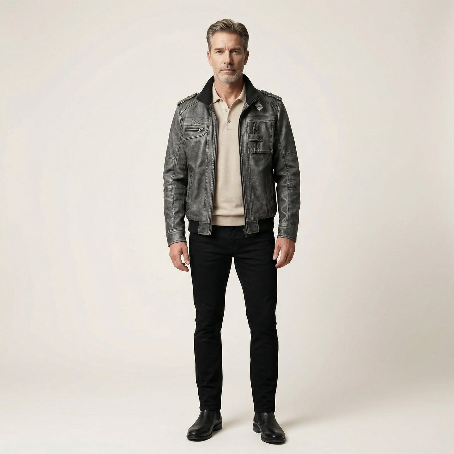 Men’s Biker Jacket – Zip Front, Stand Collar, Multi-Pocket Design