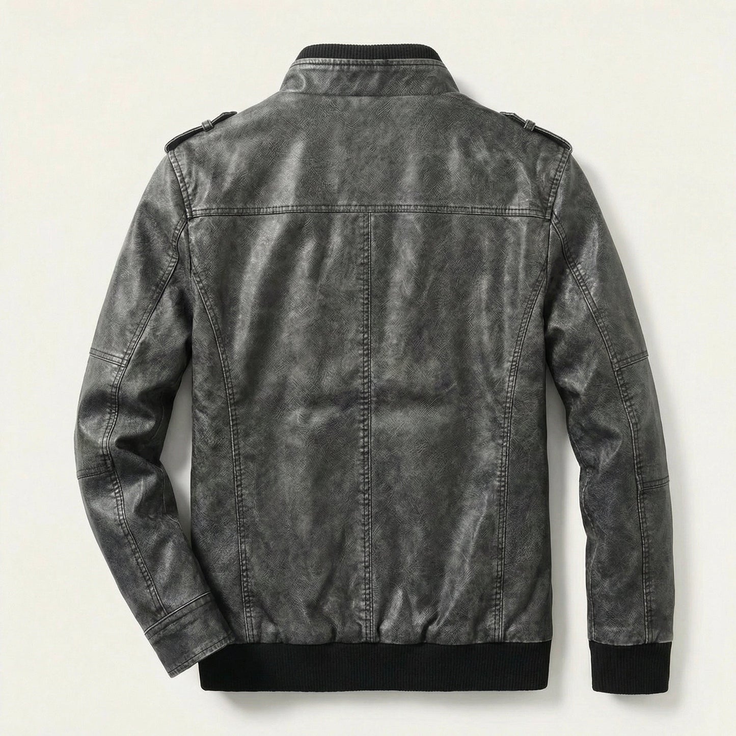 Men’s Biker Jacket – Zip Front, Stand Collar, Multi-Pocket Design