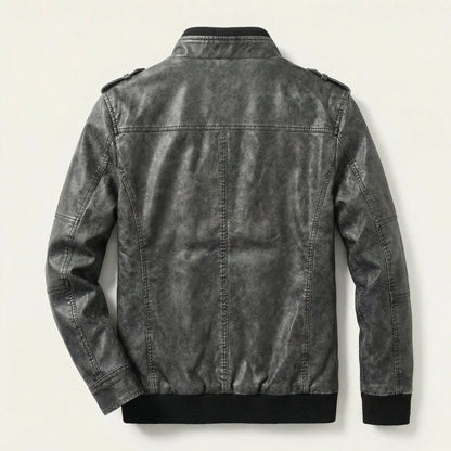 Men’s Biker Jacket – Zip Front, Stand Collar, Multi-Pocket Design