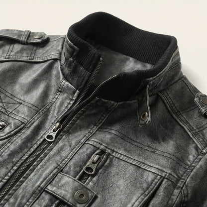Men’s Biker Jacket – Zip Front, Stand Collar, Multi-Pocket Design