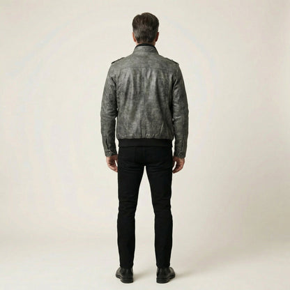 Men’s Biker Jacket – Zip Front, Stand Collar, Multi-Pocket Design