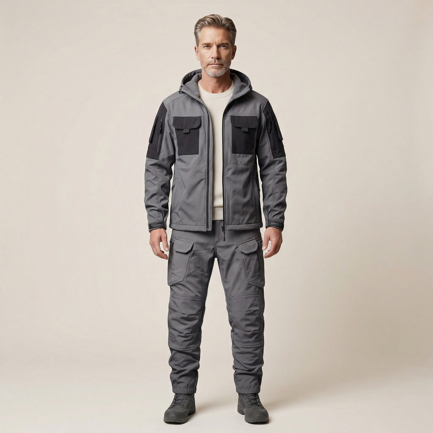 Men’s Hooded Jacket and Pants Set – Zip-Front Design with Cargo Pockets