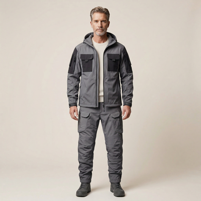 Men’s Hooded Jacket and Pants Set – Zip-Front Design with Cargo Pockets
