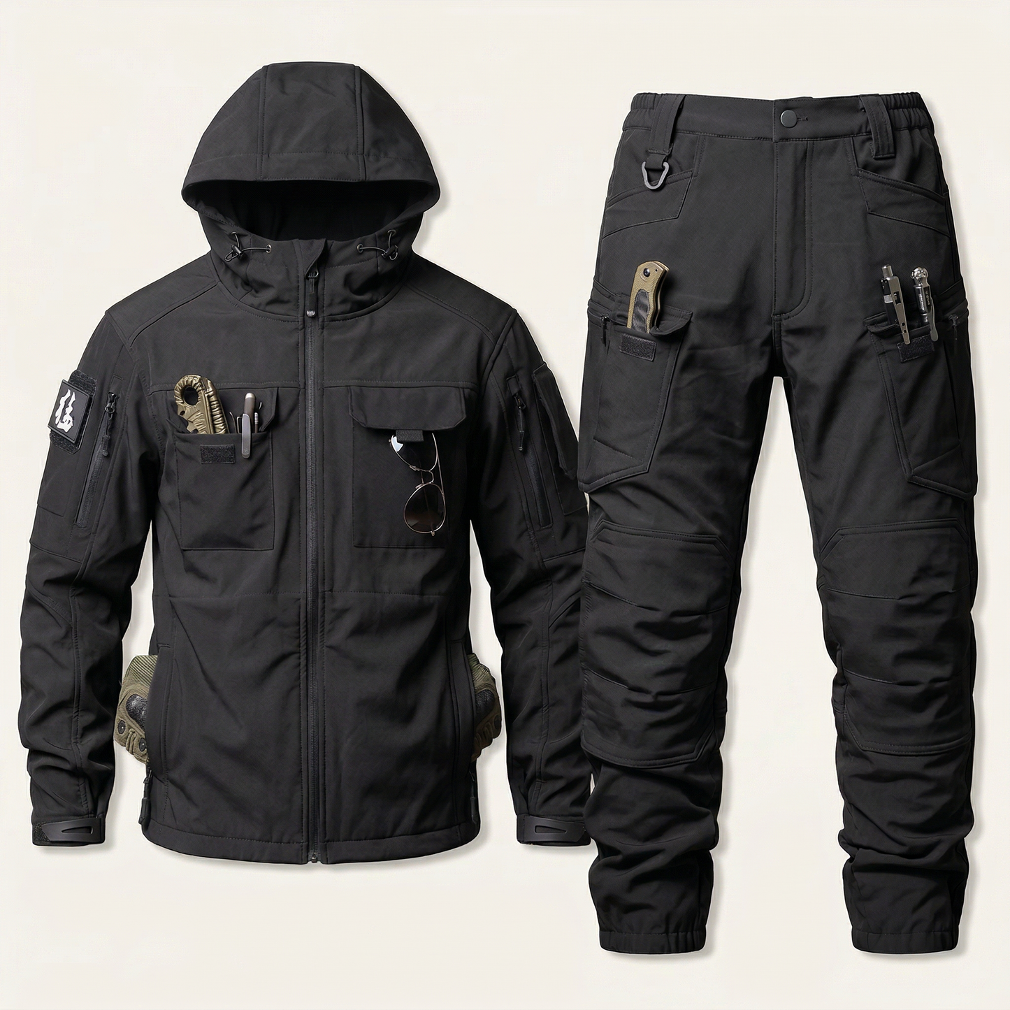 Men’s Hooded Jacket and Pants Set – Zip-Front Design with Cargo Pockets
