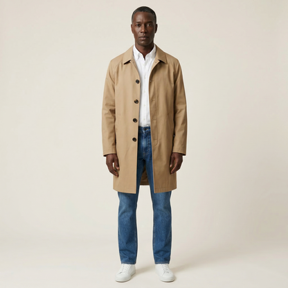 Men’s Long Coat – Button-Front Collared Design