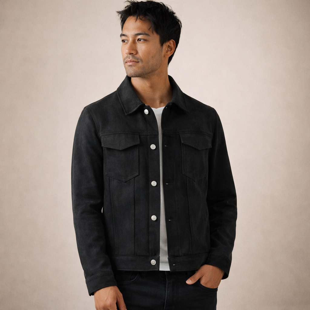 Men’s Suede-Effect Trucker Jacket with Button Front