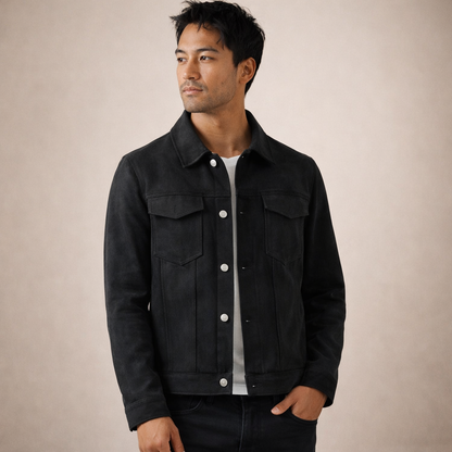 Men’s Suede-Effect Trucker Jacket with Button Front