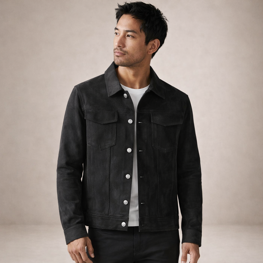Men’s Suede-Effect Trucker Jacket with Button Front