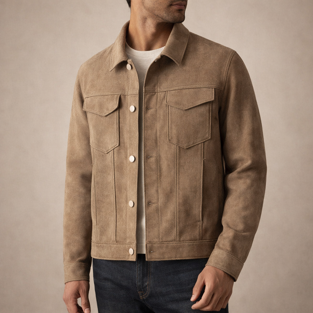 Men’s Suede-Effect Trucker Jacket with Button Front