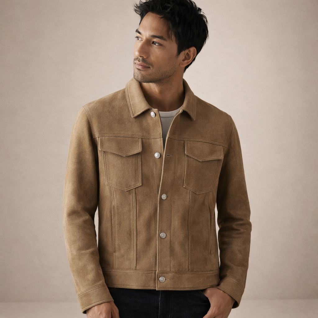 Men’s Suede-Effect Trucker Jacket with Button Front