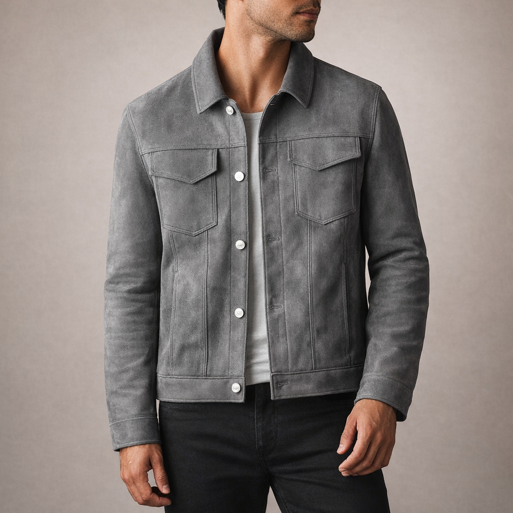 Men’s Suede-Effect Trucker Jacket with Button Front