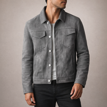 Men’s Suede-Effect Trucker Jacket with Button Front