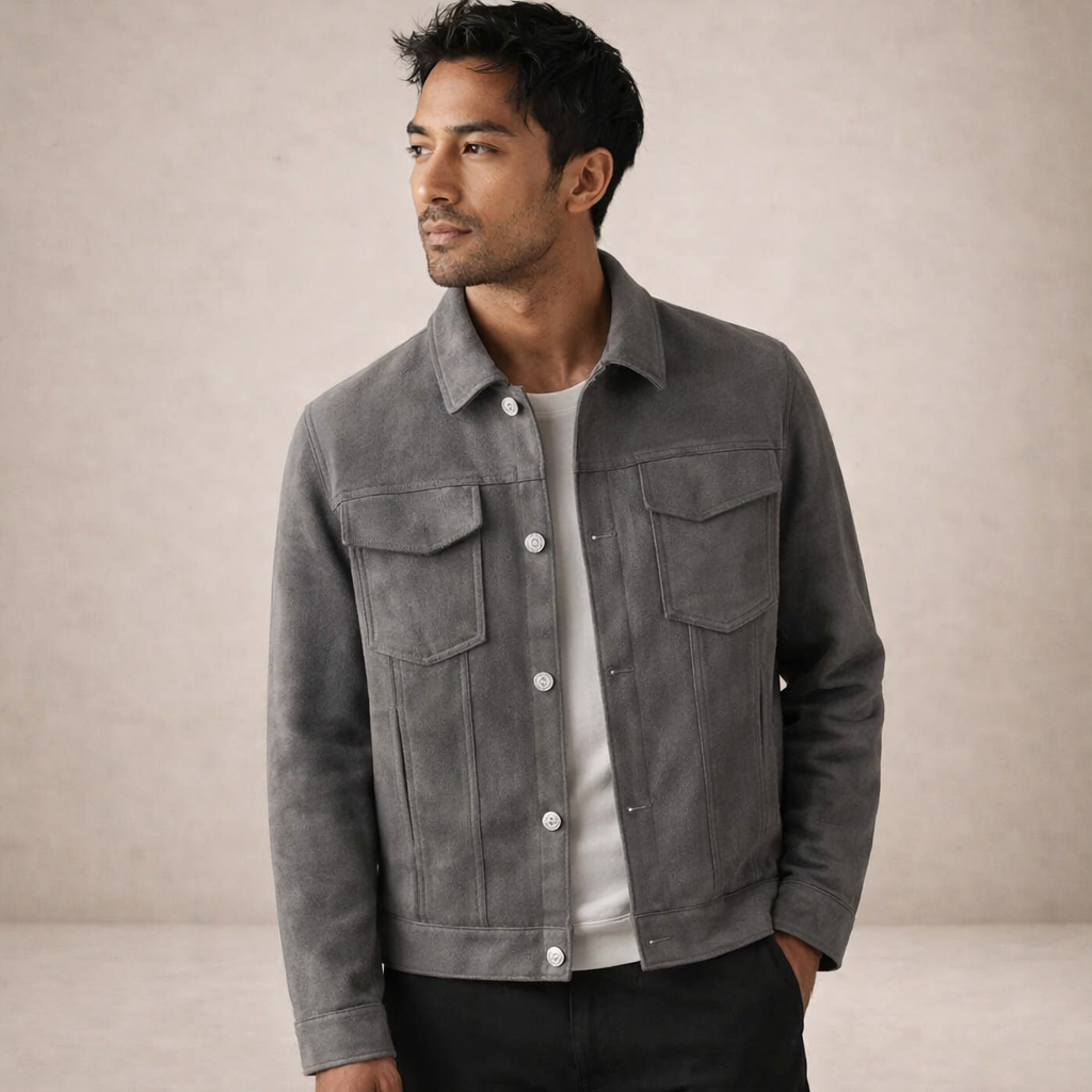 Men’s Suede-Effect Trucker Jacket with Button Front