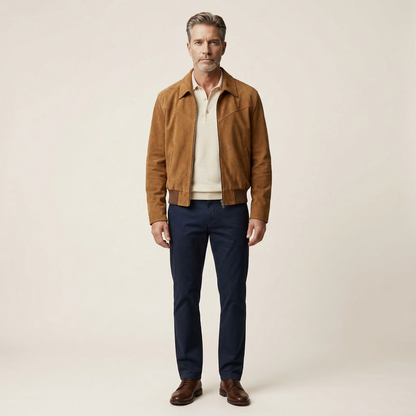 Men’s Suede Jacket – Zip-Front Collared Design