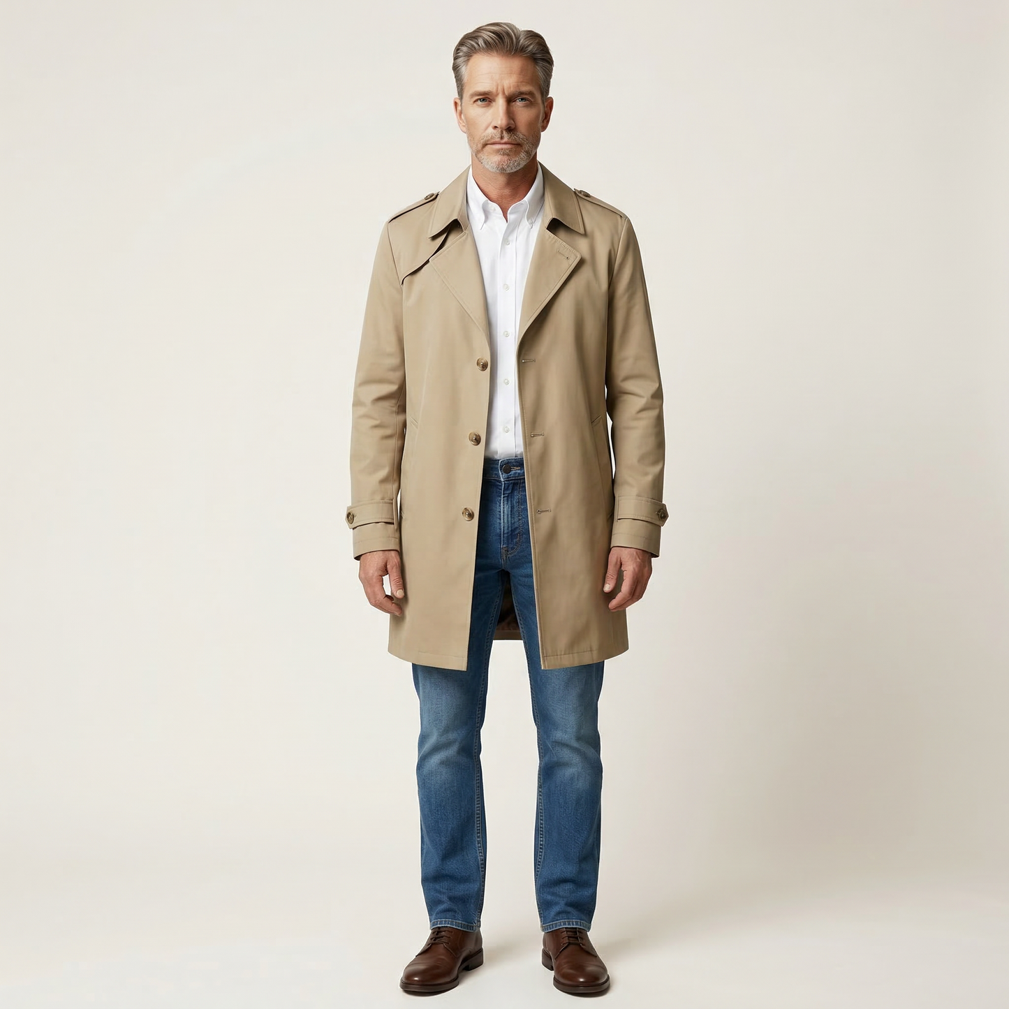 Men’s Trench Coat – Collared Button-Front Design