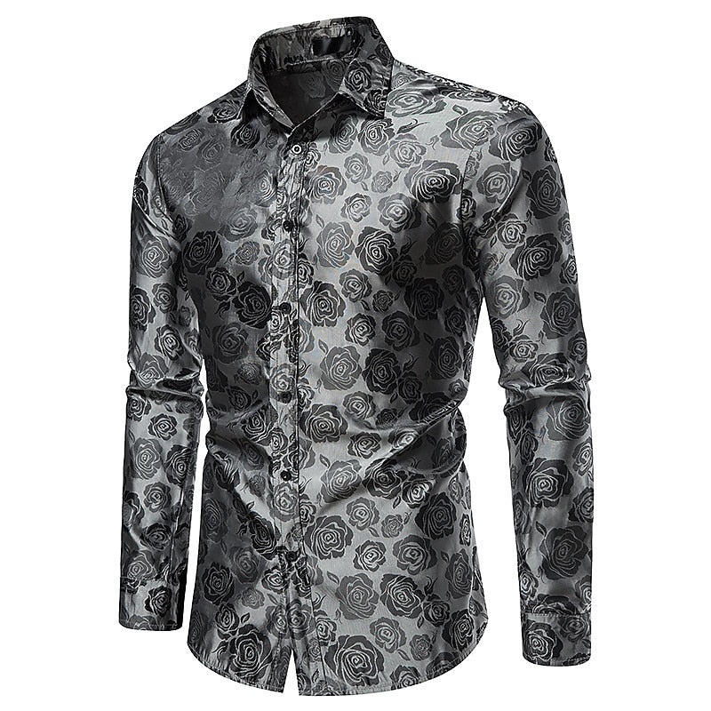 Men's Silk Satin Paisley Floral Long Sleeve Tailored Fit Formal Dress Shirt