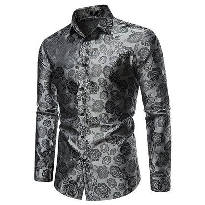 Men's Silk Satin Paisley Floral Long Sleeve Tailored Fit Formal Dress Shirt