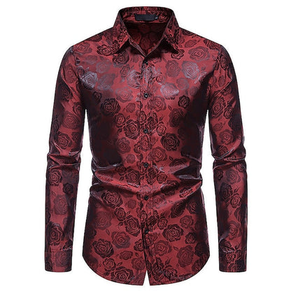 Men's Silk Satin Paisley Floral Long Sleeve Tailored Fit Formal Dress Shirt