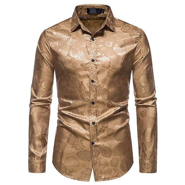 Men's Silk Satin Paisley Floral Long Sleeve Tailored Fit Formal Dress Shirt