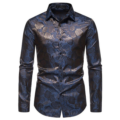 Men's Silk Satin Paisley Floral Long Sleeve Tailored Fit Formal Dress Shirt