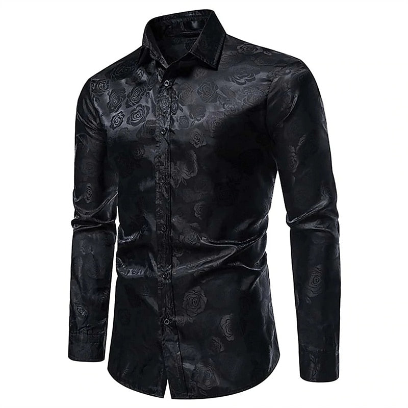 Men's Silk Satin Paisley Floral Long Sleeve Tailored Fit Formal Dress Shirt