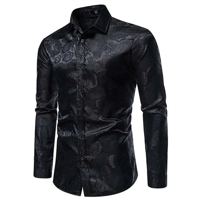 Men's Silk Satin Paisley Floral Long Sleeve Tailored Fit Formal Dress Shirt