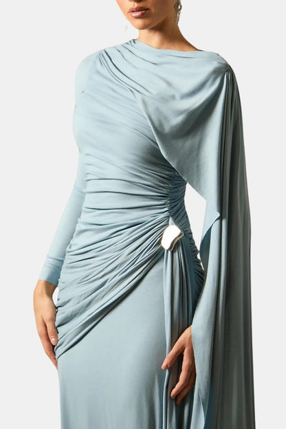 Mira – Draped Cape Ruched Maxi Dress