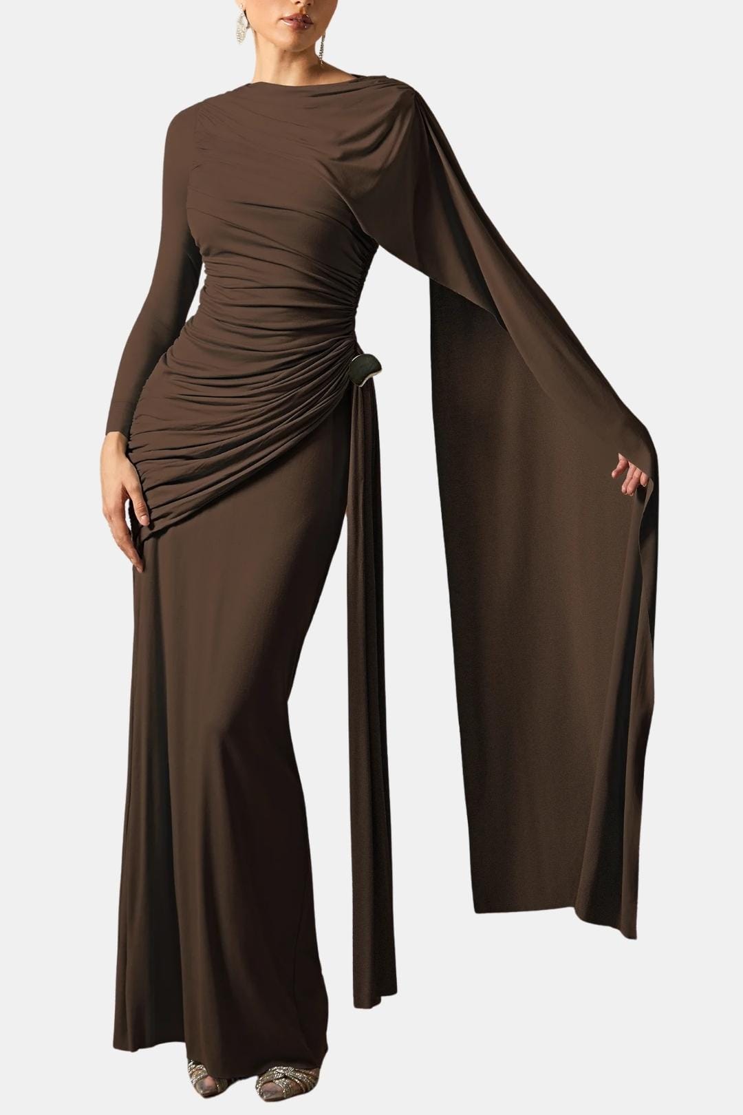 Mira – Draped Cape Ruched Maxi Dress
