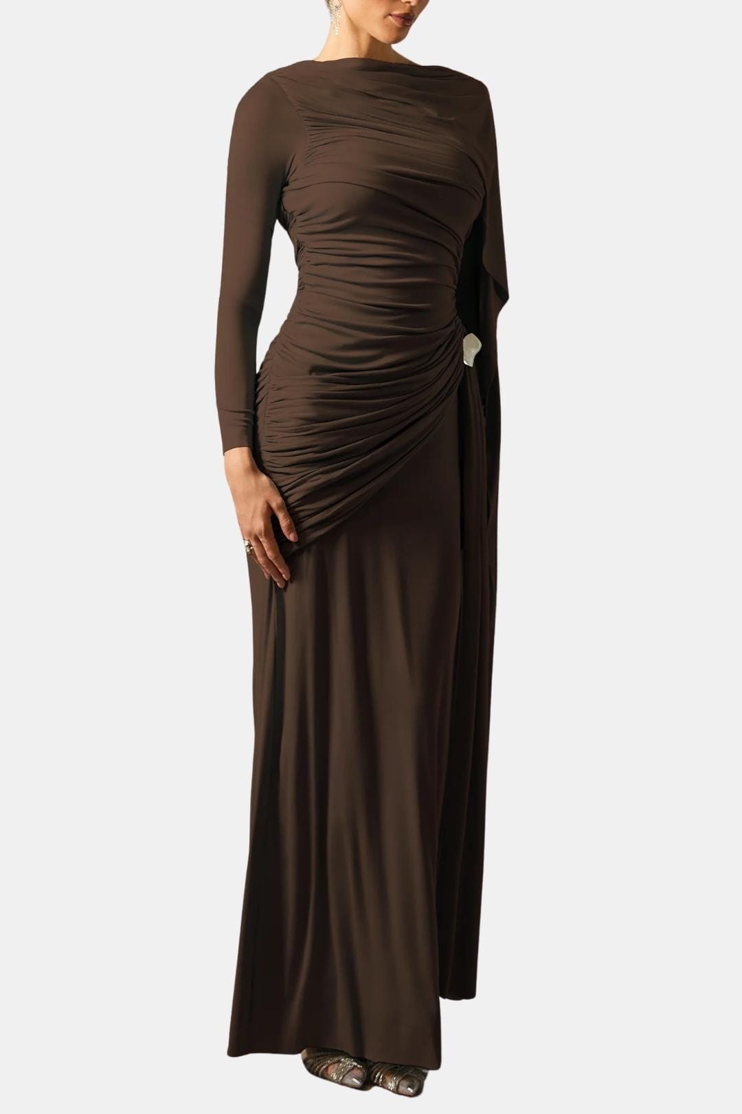 Mira – Draped Cape Ruched Maxi Dress