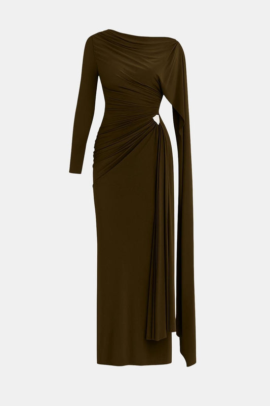 Mira – Draped Cape Ruched Maxi Dress