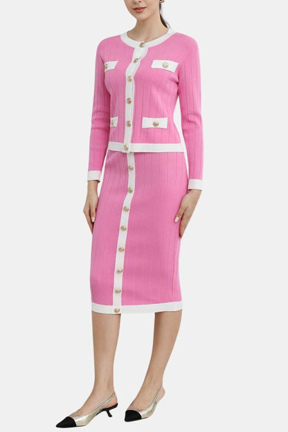 Missie - Contrast Trim Knit Cardigan Skirt Set