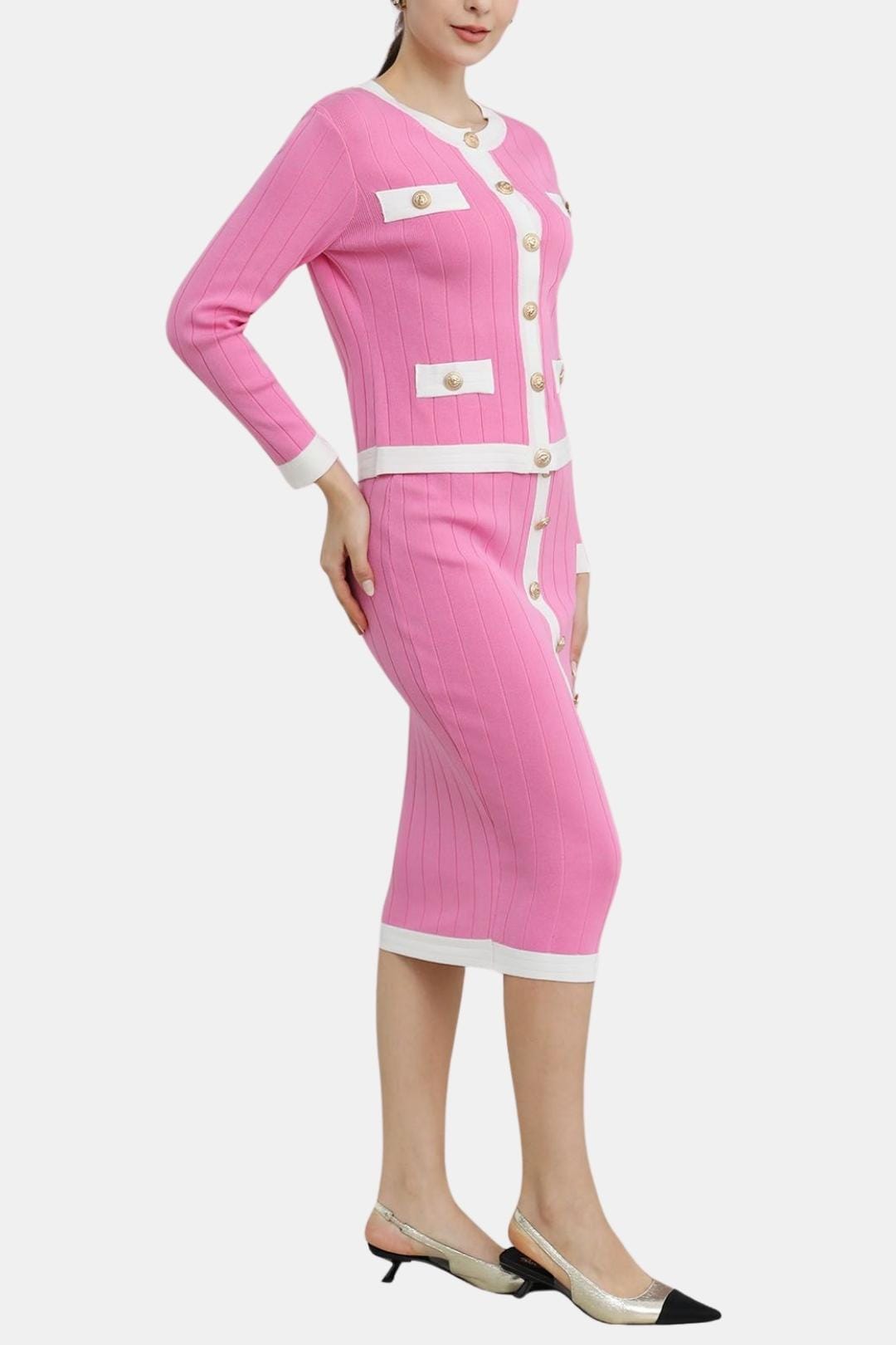 Missie - Contrast Trim Knit Cardigan Skirt Set
