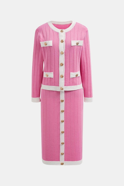 Missie - Contrast Trim Knit Cardigan Skirt Set
