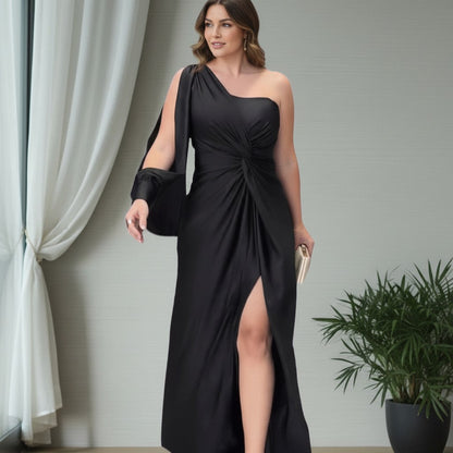 Women's One-Shoulder Wedding Guest Dress - Floor-Length Silky Fabric