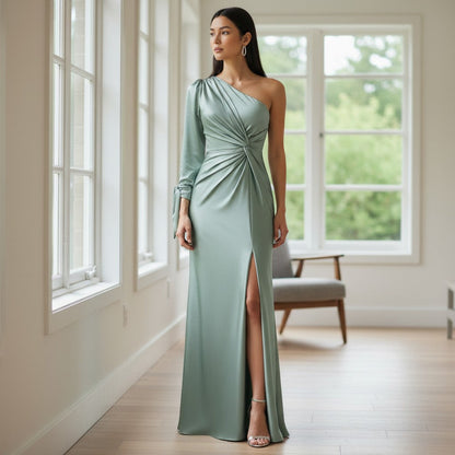 Women's One-Shoulder Wedding Guest Dress - Floor-Length Silky Fabric