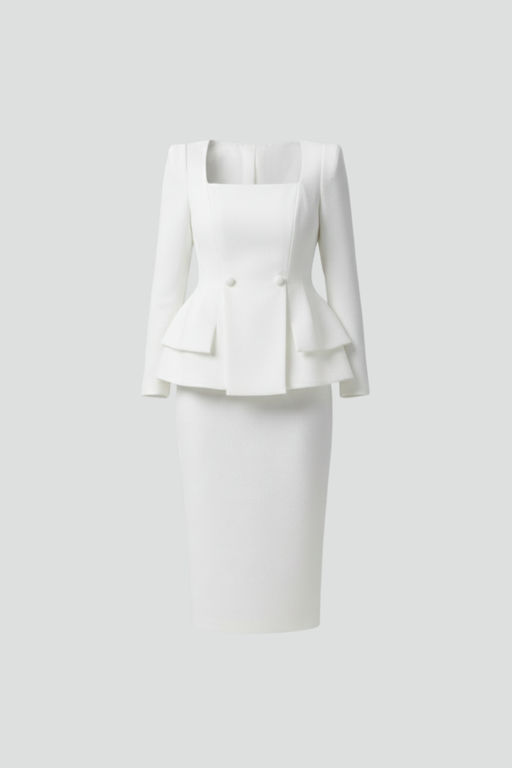 Women's Two-Piece Skirt Suit with Square Neckline in White | Roselva