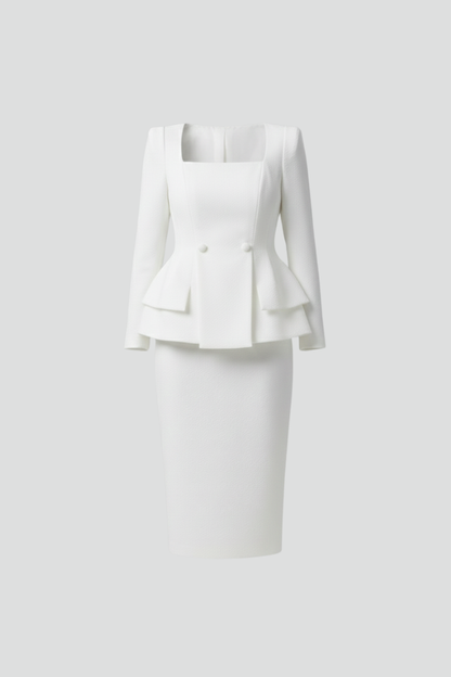 Women's Two-Piece Skirt Suit with Square Neckline in White | Roselva