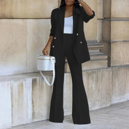 Women’s Double-Breasted Blazer – Elegant Tailored Fit with Flared Hem