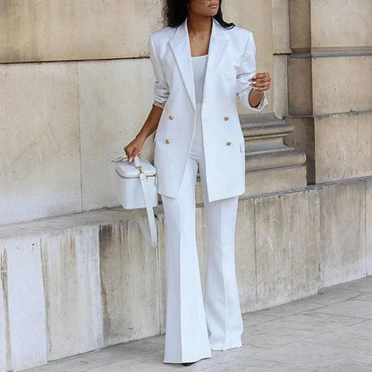 Women’s Double-Breasted Blazer – Elegant Tailored Fit with Flared Hem