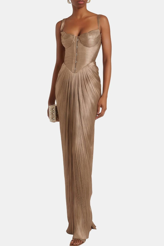 Natalia - Pleated Glossy Maxi Corset Long Dress