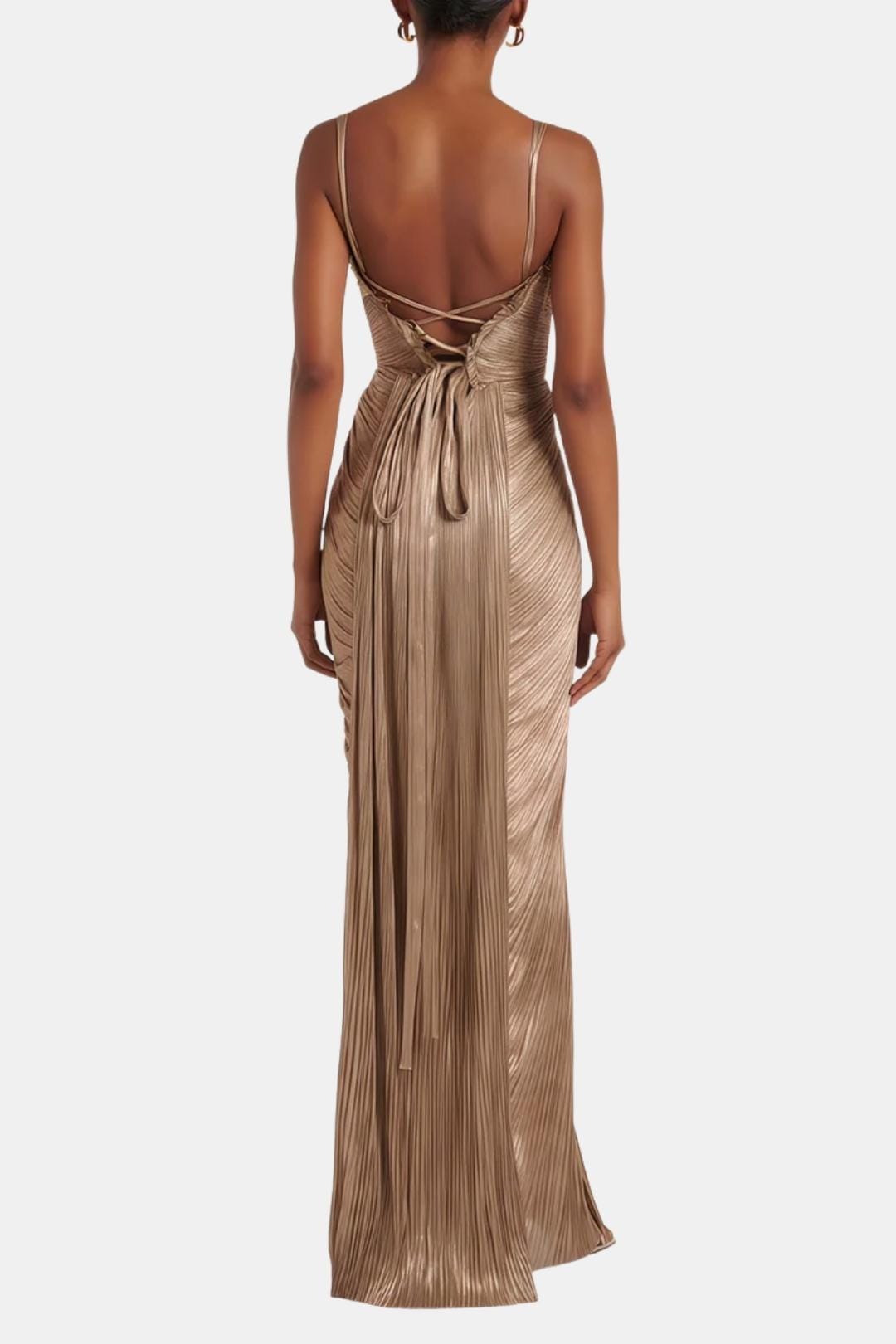 Natalia - Pleated Glossy Maxi Corset Long Dress