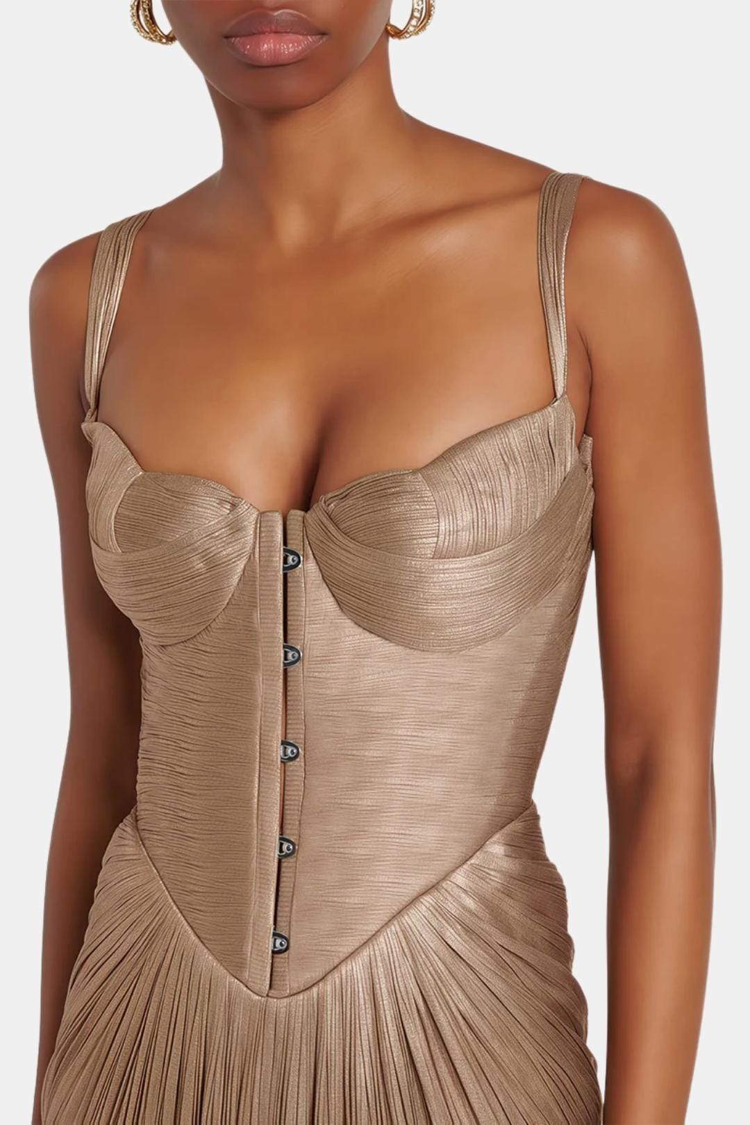 Natalia - Pleated Glossy Maxi Corset Long Dress