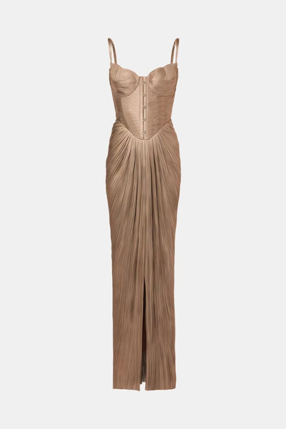 Natalia - Pleated Glossy Maxi Corset Long Dress