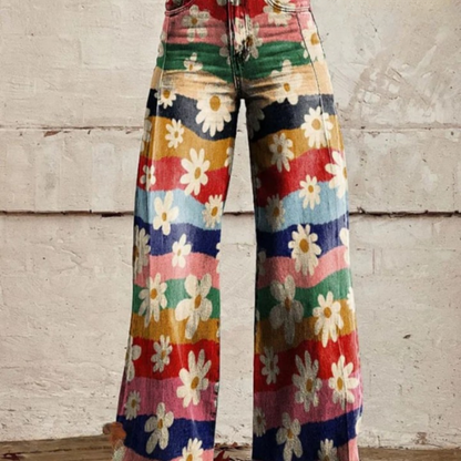 Trendige Retro-Blumenhose mit Schlag und hoher Taille – Mirella