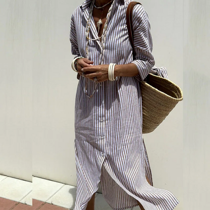 Nicole | Women’s Formal Dress With Striped Fabric And Button Front | Casual