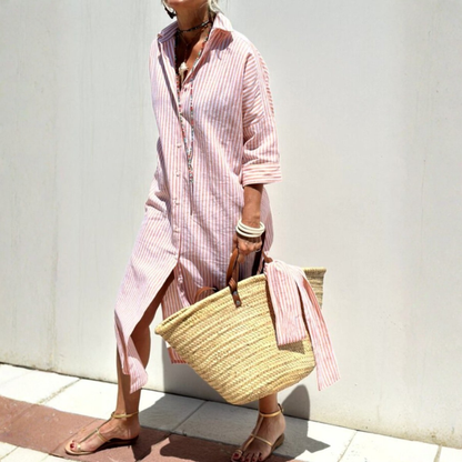 Noa | Women Summer Shirt Dress Striped Button Front Midi